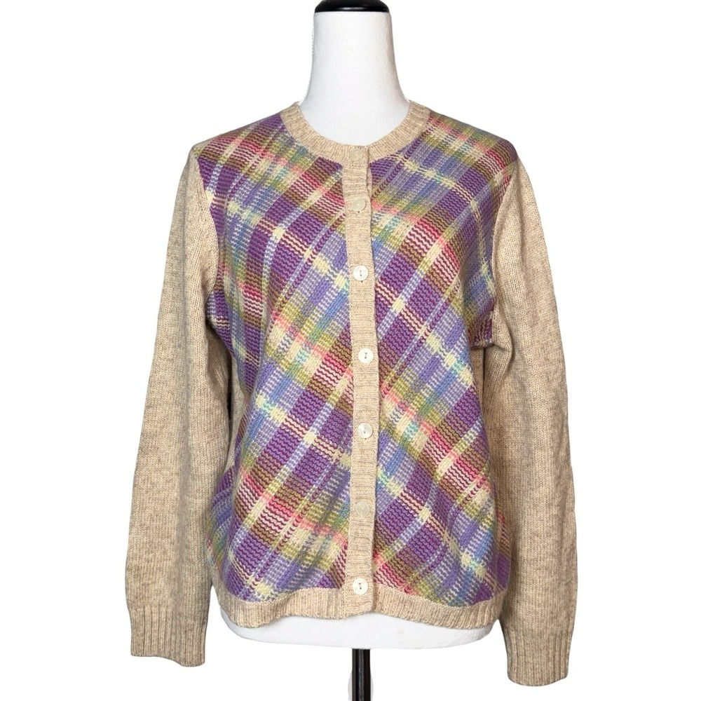 Vintage Liz Claiborne Plaid Cardigan Sweater XL Brown Pink Wool Angora Preppy